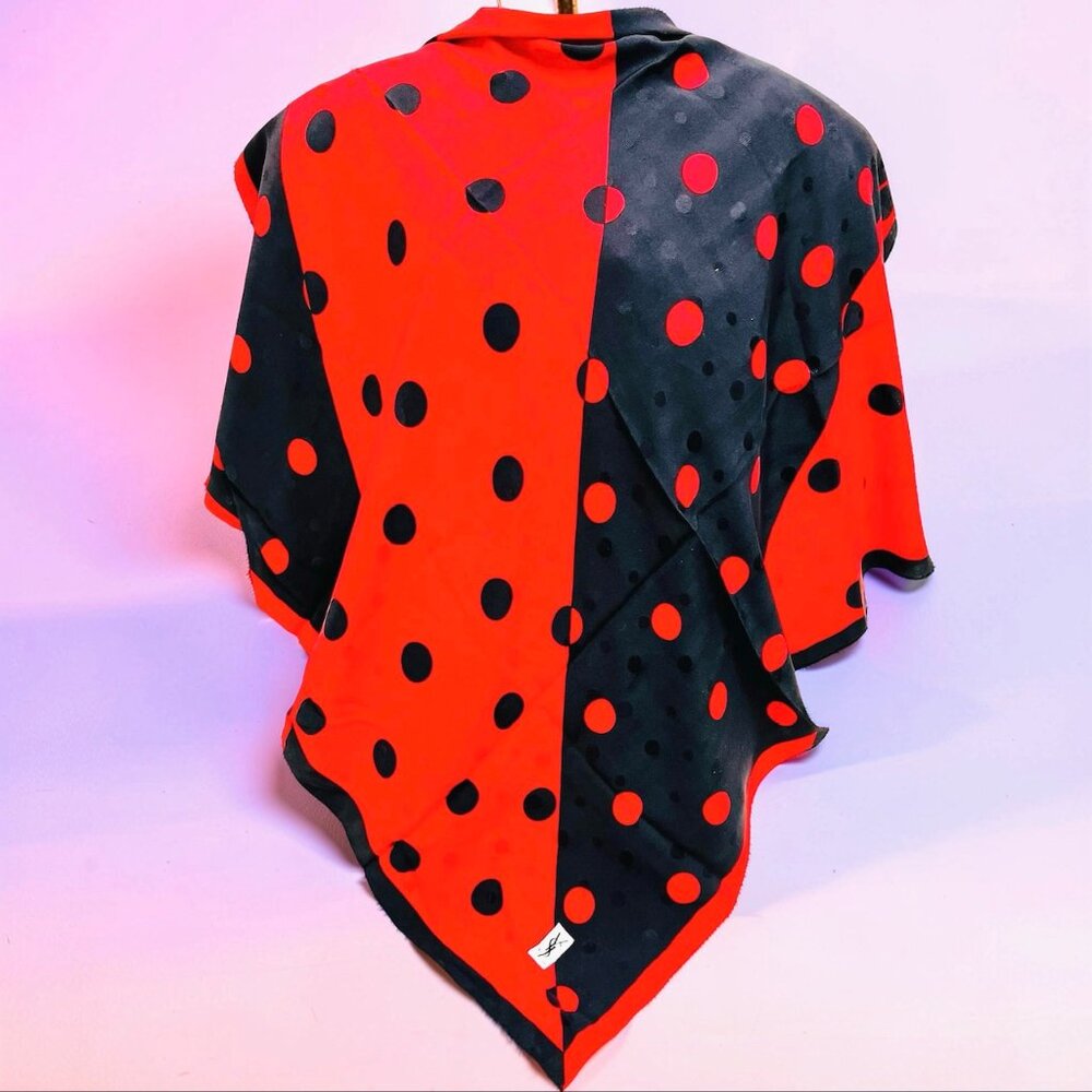 Yves Saint Laurent 100% Silk Satin scarf 33"  black red pocka dots (66 - Picture 2 of 13